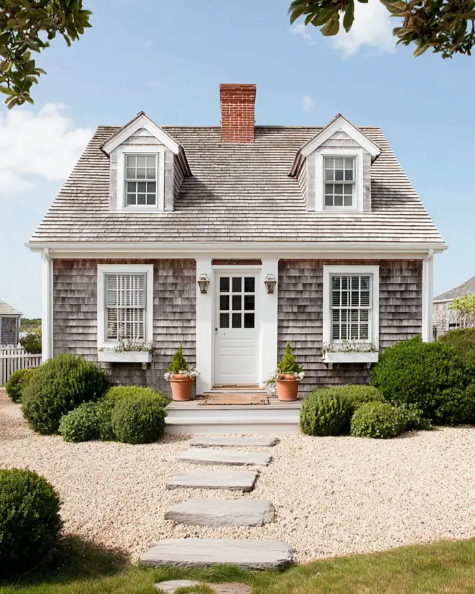 27 Cape Cod Style House Ideas for a Timeless New England Exterior 19 Weathered shake cottage with two white dormers, lattice window screens, bluestone stepping stones, and crushed shell front yard