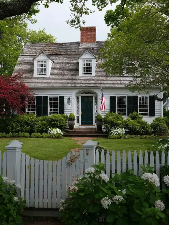 27 Cape Cod Style House Ideas for a Timeless New England Exterior 4 Weathered Cape Cod cottage with cedar shake roof, twin dormers, dark green shutters, teal front door, and white picket fence
