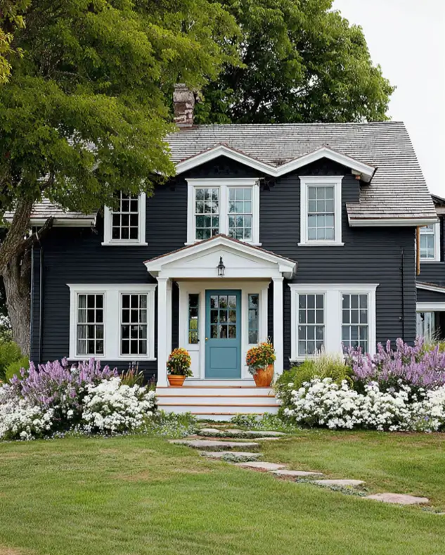 27 Cape Cod Style House Ideas for a Timeless New England Exterior 22 Black clapboard home with white trim, twin front gables, bay windows, chalky blue door, lavender beds, and marigold planters