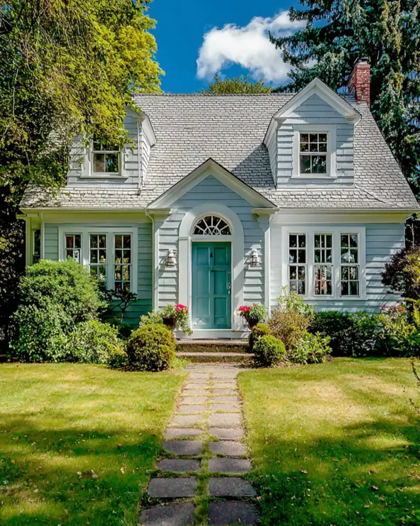 27 Cape Cod Style House Ideas for a Timeless New England Exterior 23 Sage clapboard cottage with textured slate roof, two pedimented dormers, arched fanlight, seafoam door, and stone path