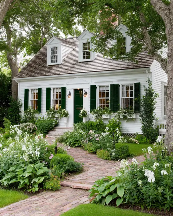 27 Cape Cod Style House Ideas for a Timeless New England Exterior 24 White cottage with forest green shutters, three pedimented dormers, small entry hood, lush window boxes, and brick garden path