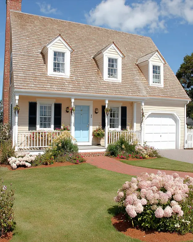 27 Cape Cod Style House Ideas for a Timeless New England Exterior 27 Buttery yellow clapboard cottage with three pedimented dormers, black shutters, sky-blue door, attached garage, and pink hydrangea beds