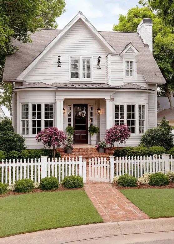 27 Cape Cod Style House Ideas for a Timeless New England Exterior 28 White clapboard cottage with steep front gable, bay windows, metal-roof portico, dark wood door, pink crepe myrtles, and white picket fence