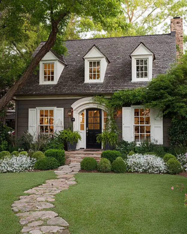 27 Cape Cod Style House Ideas for a Timeless New England Exterior 29 Taupe cottage with three pedimented dormers, white shutters, arched black door, climbing wisteria, fern planters, and flagstone path