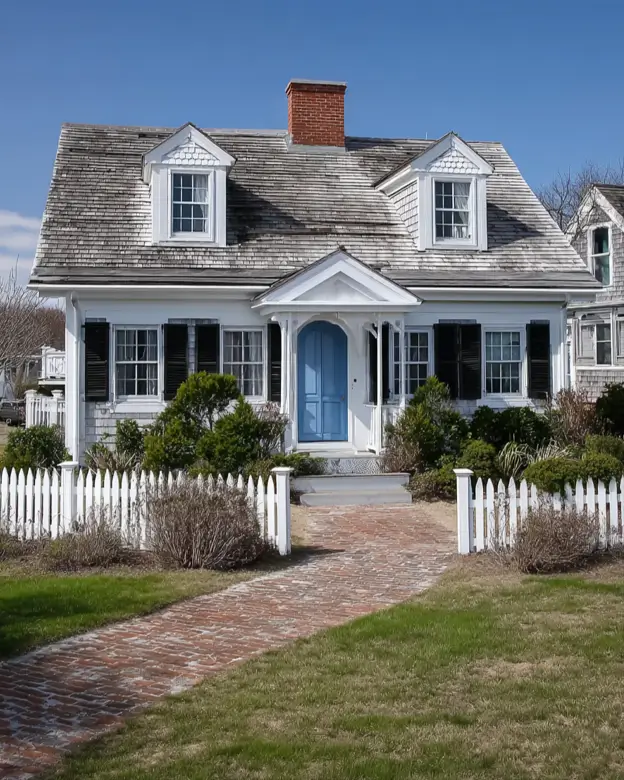 27 Cape Cod Style House Ideas for a Timeless New England Exterior 8 Silvered shake cottage with twin gabled dormers, black shutters, sky-blue front door, brick walkway, and white picket fence
