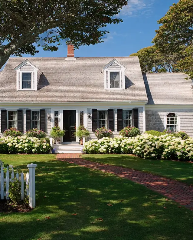 27 Cape Cod Style House Ideas for a Timeless New England Exterior 10 Cottage with creamy clapboard, black shutters, twin gable dormers, hydrangea hedge, and herringbone brick walkway