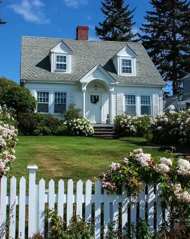 27 Cape Cod Style House Ideas for a Timeless New England Exterior 11 White clapboard cottage with arched pediment entry, slim columns, twin gable dormers, brick chimney, and white picket fence