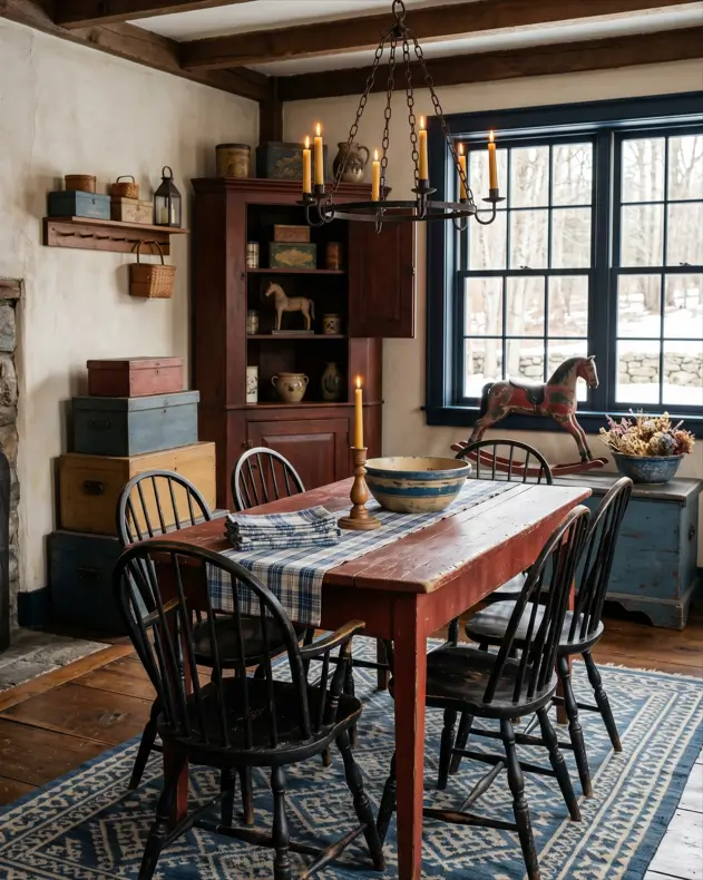 Colonial Interior Design Style: American vs. British (33 Real-Home Ideas) 3 Early American Colonial dining room with hand-hewn ceiling beams, red farmhouse table, black Windsor chairs, and antique corner cupboard