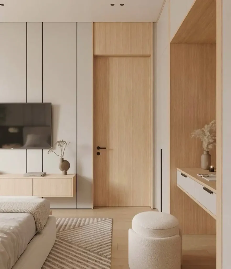Japandi Style Bedroom: 33 Calm, Warm Ideas a Designer Loves 3 Japandi style bedroom with light oak wardrobe, low bed, floating console, and neutral striped rug
