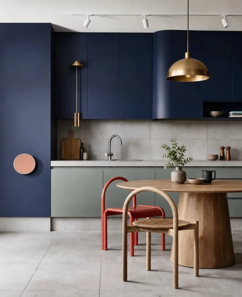 16 Kitchen Color Combination Ideas That Feel Right at Home 3 Navy blue and sage green kitchen color combination with brass fittings