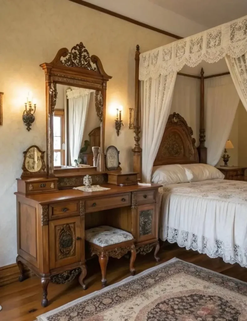 Victorian Style Bedroom: 30 Ideas for Romance Without the Heaviness 3 Victorian style bedroom with carved walnut dressing table, crested mirror, and lace-draped four-poster bed