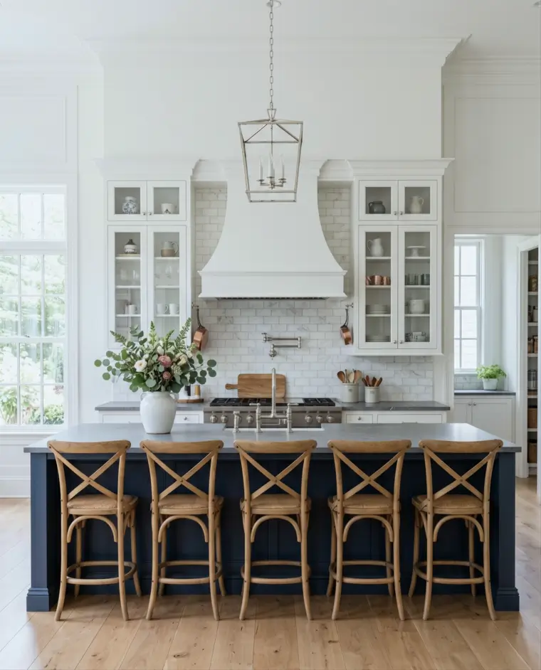 Colonial Style Kitchen: 26 Timeless Ideas, Cabinets & Designs 12 Colonial kitchen with a symmetrical range wall, plaster hood, matching glass-front cabinets, and a navy island