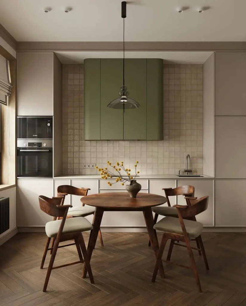 16 Kitchen Color Combination Ideas That Feel Right at Home 12 Greige kitchen cabinets with an olive green hood cabinet and beige tile