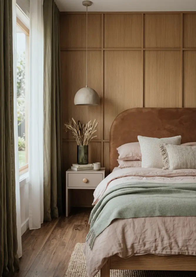 Japandi Style Bedroom: 33 Calm, Warm Ideas a Designer Loves 12 Japandi bedroom with oak panel wall, arched suede headboard, blush linen bedding, and sage wool throw