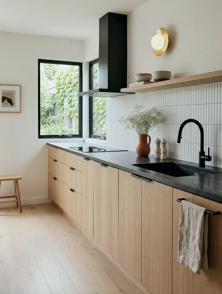 Japandi Kitchen: The Calm, Warm Look I Keep Coming Back To 12 Japandi kitchen with pale oak cabinets, dark stone counters, white stacked tile, and a black tap