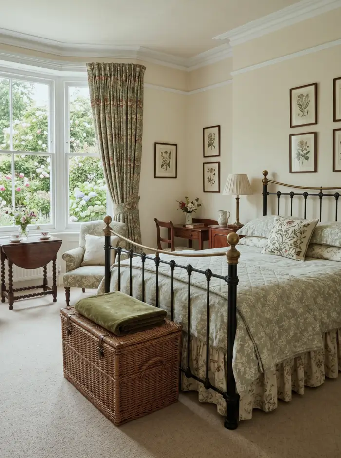 Victorian Style Bedroom: 30 Ideas for Romance Without the Heaviness 12 Modern Victorian style bedroom with black and brass iron bed, botanical prints, chintz curtains, and cream walls