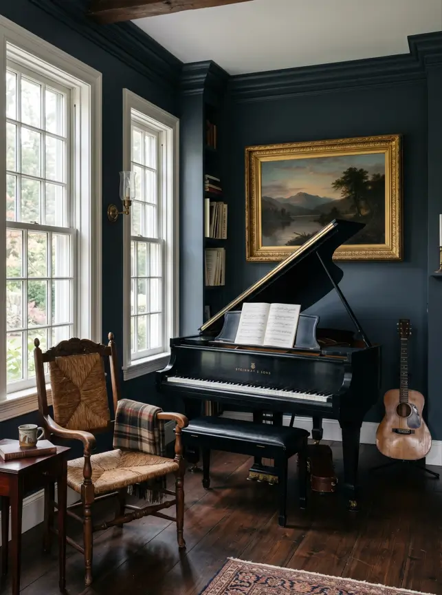 Colonial Interior Design Style: American vs. British (33 Real-Home Ideas) 12 American Colonial music room with deep blue walls, crown molding, grand piano, gilt landscape painting, and antique rush-seat chair