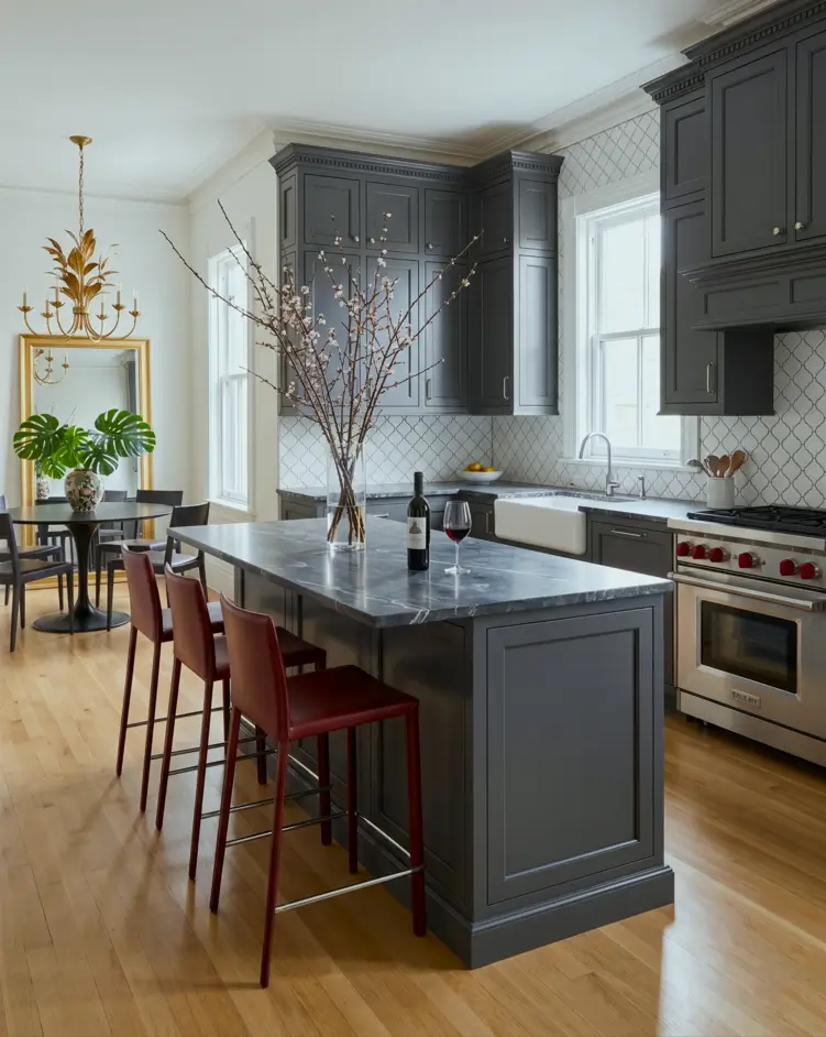 Victorian Kitchen Design: 40 Ideas a Designer Actually Loves 12 Victorian style kitchen with charcoal grey raised-panel cabinets, dentil molding, arabesque tile backsplash, and farmhouse sink