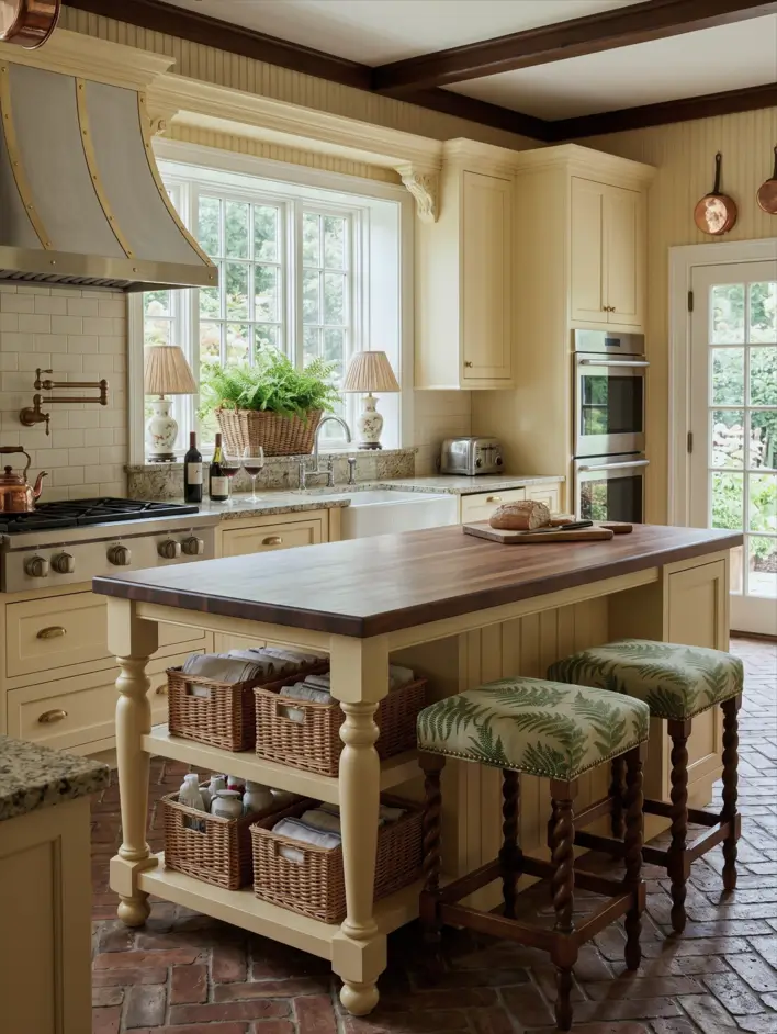Colonial Style Kitchen: 26 Timeless Ideas, Cabinets & Designs 13 Colonial kitchen with a walnut butcher block island, cream cabinets, a brick floor, and a curved metal hood