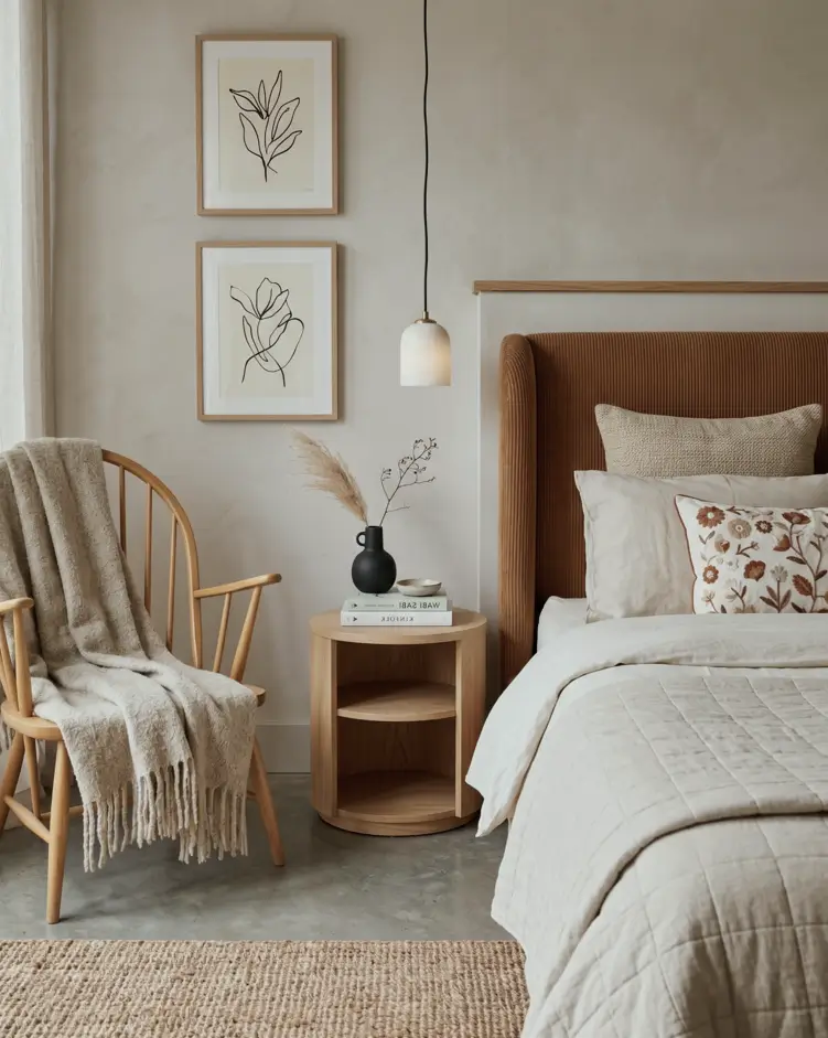 Japandi Style Bedroom: 33 Calm, Warm Ideas a Designer Loves 13 Japandi bedroom with terracotta headboard, plaster wall, oak spindle chair, and dried stems in a black vase
