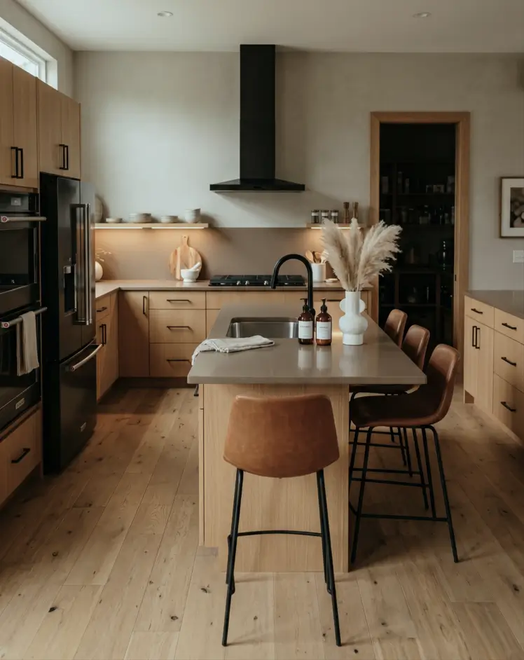 Japandi Kitchen: The Calm, Warm Look I Keep Coming Back To 13 Light oak kitchen with a stone island, leather stools, black appliances, and a walk-in pantry