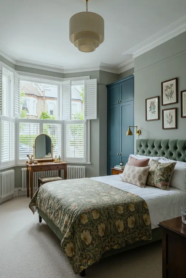 Victorian Style Bedroom: 30 Ideas for Romance Without the Heaviness 13 Modern Victorian style bedroom with William Morris floral bedding, green velvet tufted headboard, and antique dressing table