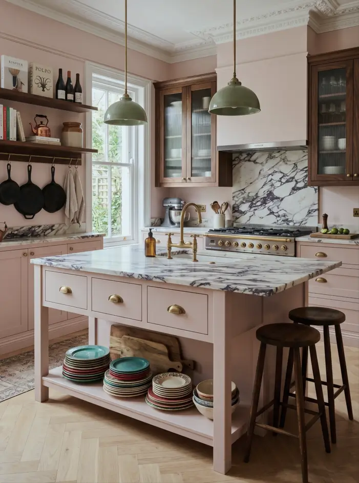 Victorian Kitchen Design: 40 Ideas a Designer Actually Loves 13 Victorian style kitchen with soft pink cabinets, veined marble counters, walnut glass-front cabinets, brass hardware, and parquet floor