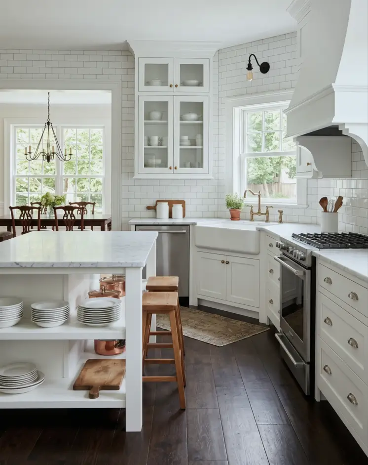 Colonial Style Kitchen: 26 Timeless Ideas, Cabinets & Designs 14 White colonial kitchen with an open-shelf island, plaster hood, glass-front cabinets, and an apron sink