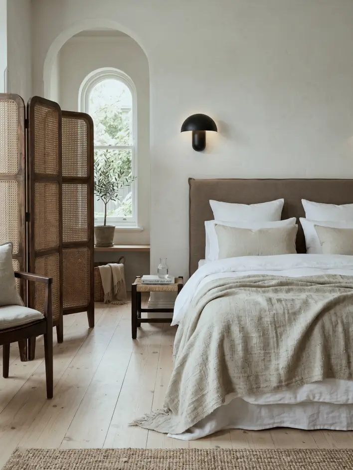 Japandi Style Bedroom: 33 Calm, Warm Ideas a Designer Loves 14 Japandi bedroom with upholstered linen headboard, layered bedding, caned folding screen, and arched window