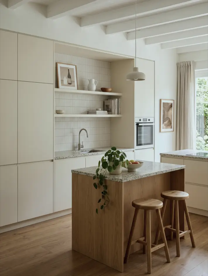 Japandi Kitchen: The Calm, Warm Look I Keep Coming Back To 14 Terrazzo-topped oak island with cream cabinets, grid tile, and round wood stools