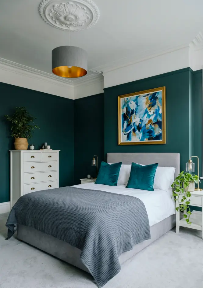 Victorian Style Bedroom: 30 Ideas for Romance Without the Heaviness 14 Modern Victorian style bedroom with original plaster ceiling rose, deep cornicing, and teal walls