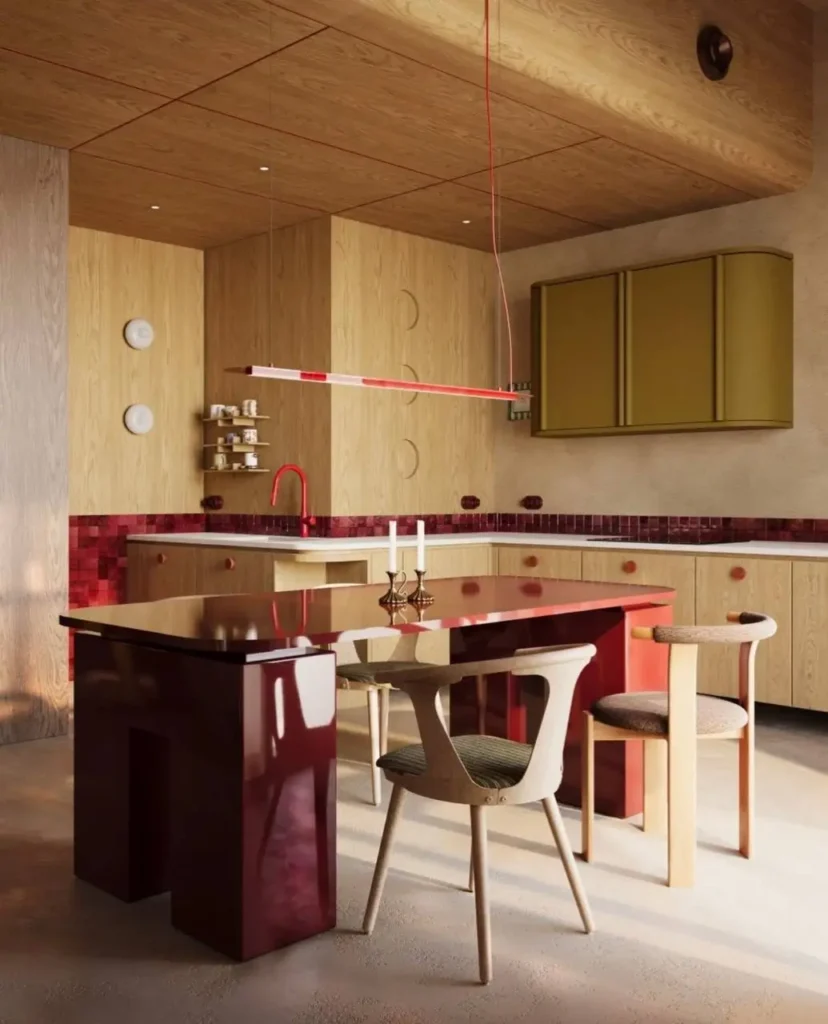 16 Kitchen Color Combination Ideas That Feel Right at Home 14 Light oak kitchen cabinets with a glossy burgundy red island