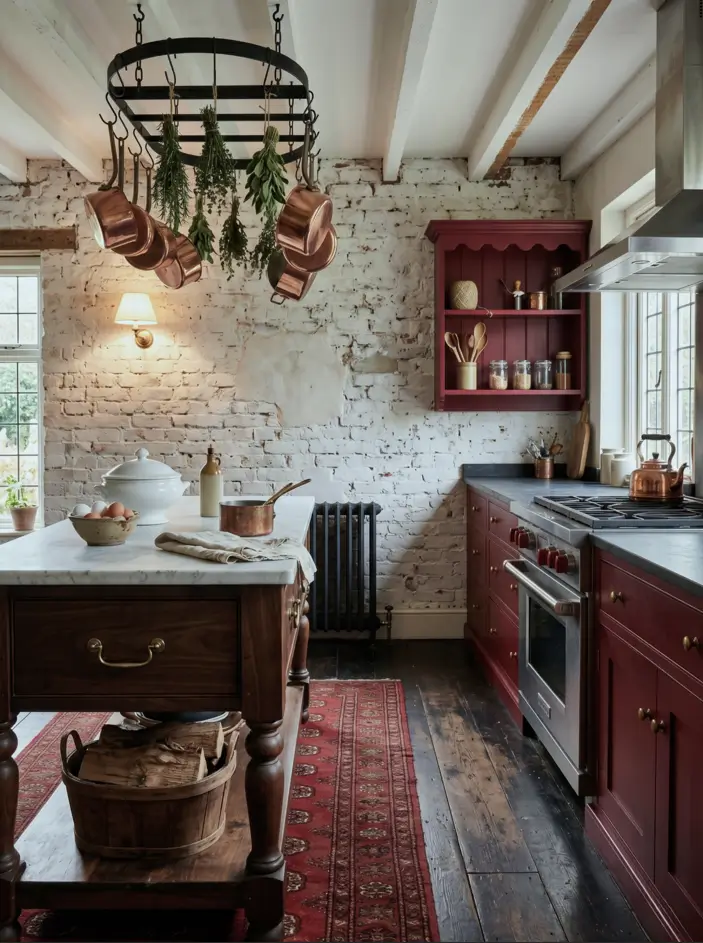 Victorian Kitchen Design: 40 Ideas a Designer Actually Loves 14 Victorian kitchen with deep red cabinets, copper pot rack, exposed brick wall, marble island, and cast-iron radiator