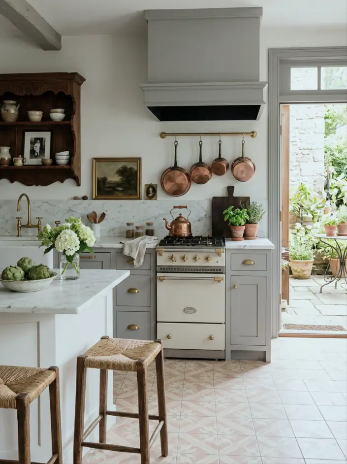 Colonial Style Kitchen: 26 Timeless Ideas, Cabinets & Designs 15 Colonial kitchen with an antique carved wood plate rack, grey Shaker cabinets, and marble counters