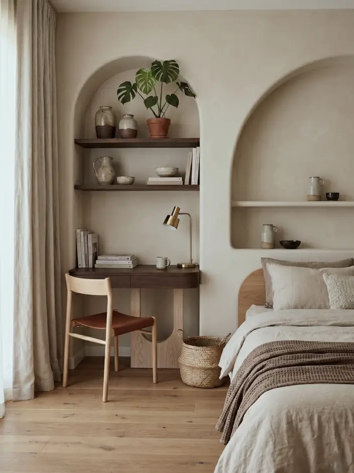 Japandi Style Bedroom: 33 Calm, Warm Ideas a Designer Loves 15 Japandi bedroom with arched plaster niches, built-in walnut desk, oak chair, and layered oatmeal linen