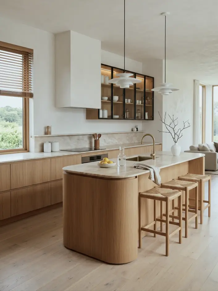Japandi Kitchen: The Calm, Warm Look I Keep Coming Back To 15 Japandi kitchen with a curved-end oak island, stone top, glass-front cabinets, and woven stools