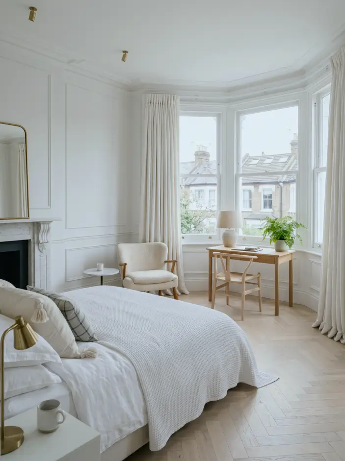 Victorian Style Bedroom: 30 Ideas for Romance Without the Heaviness 15 Modern Victorian style bedroom with original carved marble fireplace, white panelling, and pale herringbone floor