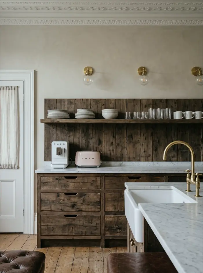 Victorian Kitchen Design: 40 Ideas a Designer Actually Loves 15 Victorian kitchen with natural reclaimed wood cabinets, ornate plaster cornice, marble countertops, farmhouse sink, and brass sconces