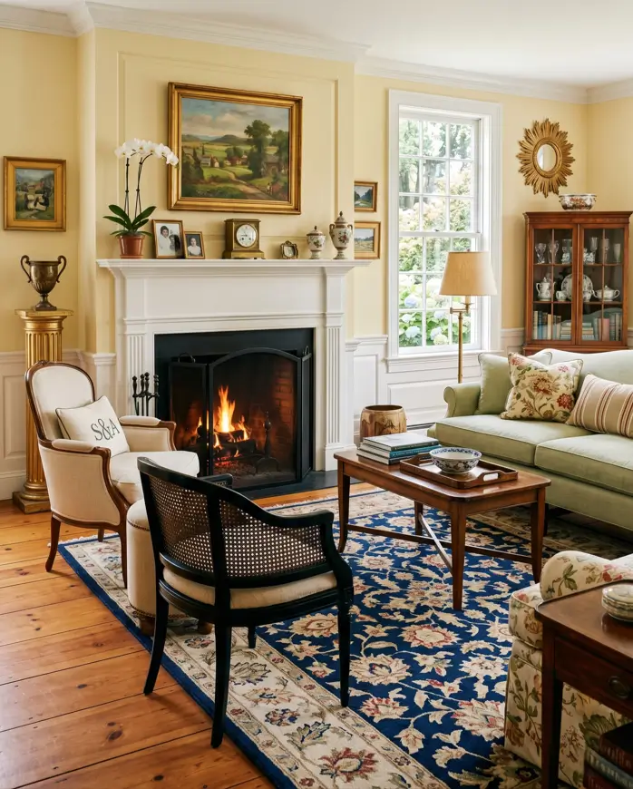 Colonial Interior Design Style: American vs. British (33 Real-Home Ideas) 15 American Colonial living room with soft yellow walls, white painted mantel, wide-plank pine floors, and blue Persian rug