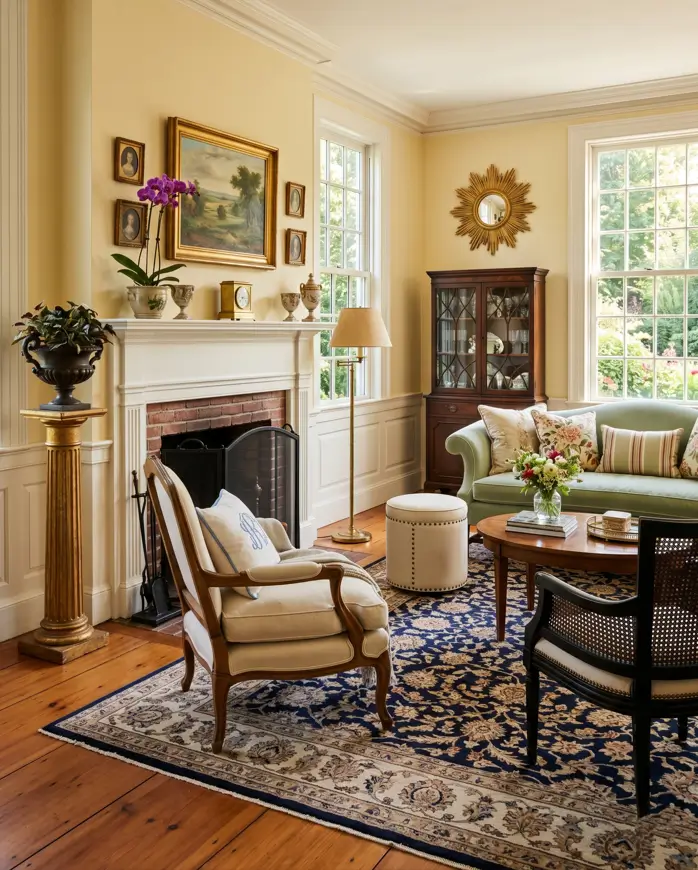 Colonial Interior Design Style: American vs. British (33 Real-Home Ideas) 16 American Colonial living room with buttery yellow walls, white painted mantel, brick fireplace, and glass-front china cabinet