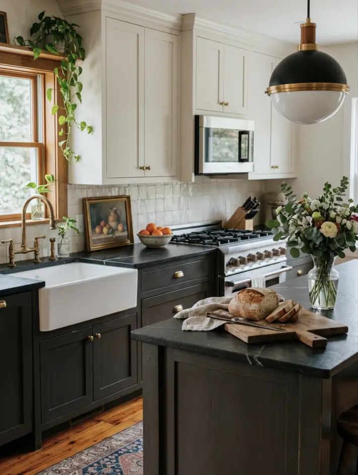 Colonial Style Kitchen: 26 Timeless Ideas, Cabinets & Designs 16 Colonial kitchen with dark soapstone counters, cream and charcoal cabinets, a white apron sink, and brass fixtures