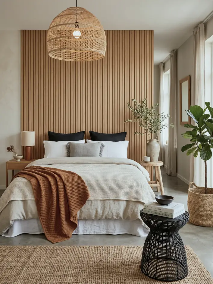 Japandi Style Bedroom: 33 Calm, Warm Ideas a Designer Loves 16 Japandi bedroom with oak slat feature wall, layered linen bedding, terracotta throw, and rattan pendant