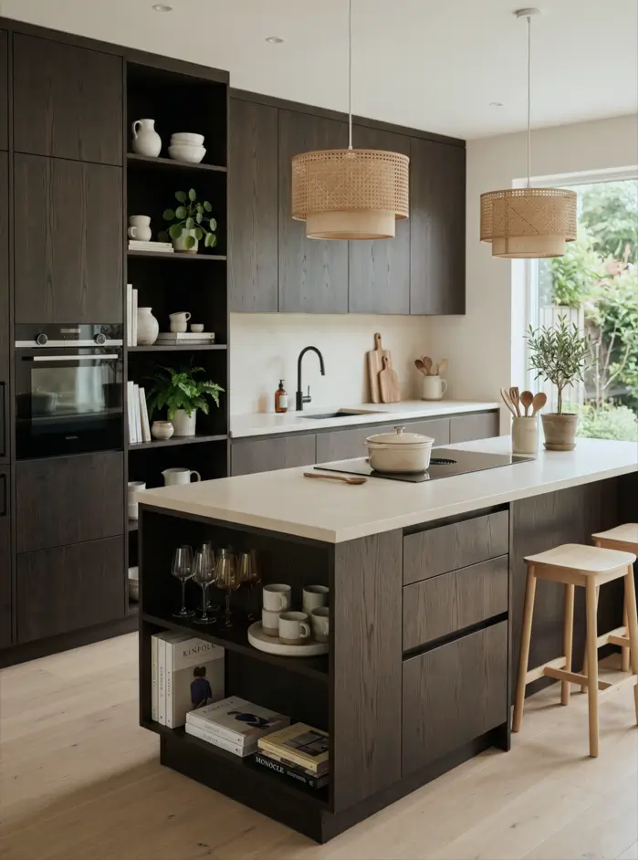 Japandi Kitchen: The Calm, Warm Look I Keep Coming Back To 16 Dark stained oak cabinets with pale stone counters, rattan pendants, and open island shelving