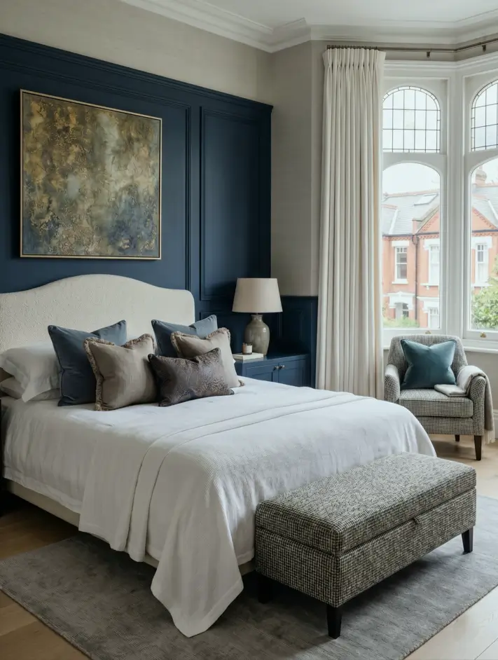 Victorian Style Bedroom: 30 Ideas for Romance Without the Heaviness 16 Modern Victorian style bedroom with navy panelled wall, upholstered headboard, velvet cushions, and arched bay window