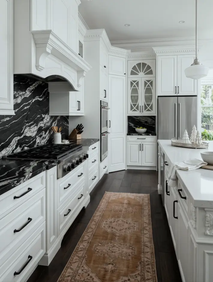 Victorian Kitchen Design: 40 Ideas a Designer Actually Loves 16 Formal white Victorian kitchen with black veined granite countertops, dentil crown molding, carved hood, and arched glass-front cabinet