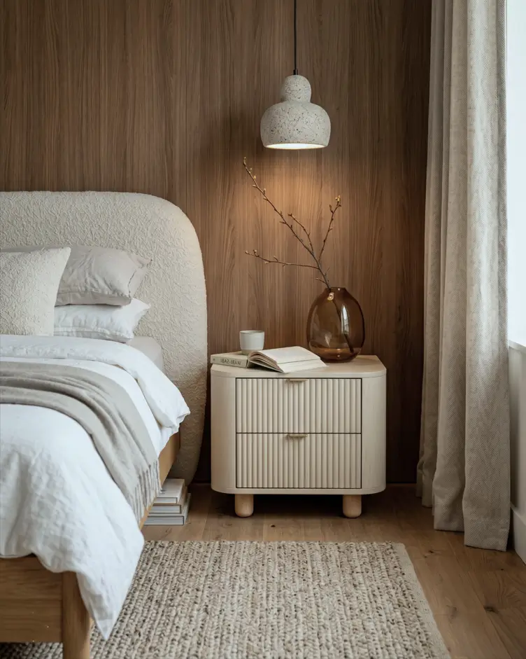 Japandi Style Bedroom: 33 Calm, Warm Ideas a Designer Loves 17 Japandi bedroom corner with walnut panel wall, boucle headboard, fluted oak nightstand, and ceramic pendant