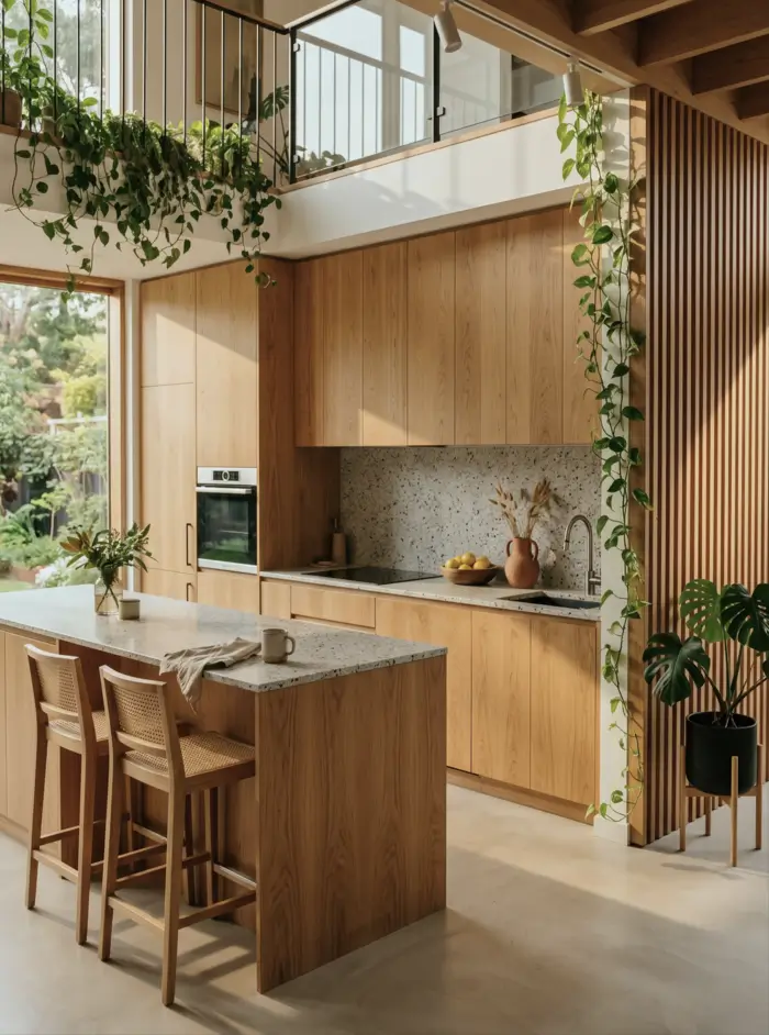 Japandi Kitchen: The Calm, Warm Look I Keep Coming Back To 17 Trailing indoor plants above oak cabinets, a terrazzo island, and a slatted wood screen