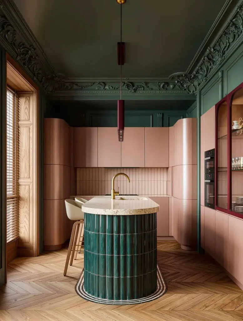 16 Kitchen Color Combination Ideas That Feel Right at Home 17 Blush pink and green kitchen color combination with a tiled island