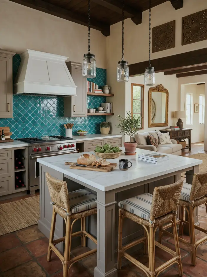 Colonial Style Kitchen: 26 Timeless Ideas, Cabinets & Designs 17 Spanish Colonial kitchen with a terracotta saltillo tile floor, turquoise arabesque backsplash, and beamed ceiling