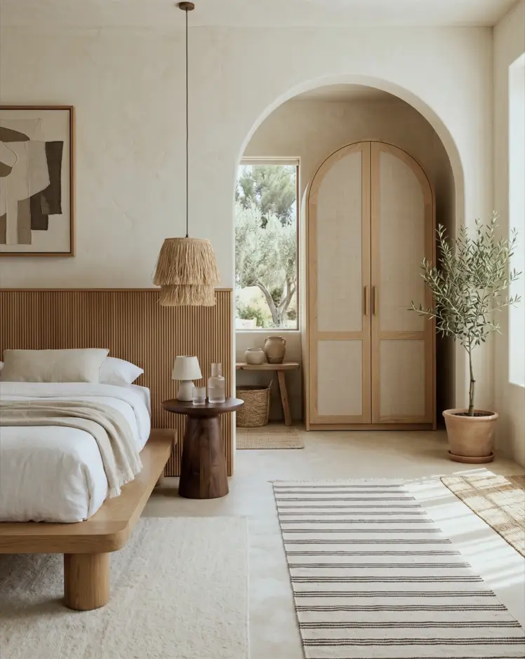 Japandi Style Bedroom: 33 Calm, Warm Ideas a Designer Loves 18 Japandi bedroom with oak slat half-wall, low platform bed, raffia pendant, arched doorway, and olive tree